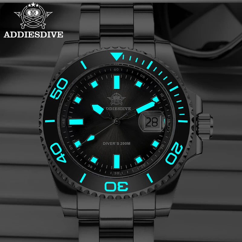 ADDIESDIVE 2026 New Men's Diving Watch 200M Waterproof BGW9 Super Blue Luminous Quartz Wristwatch Stainless Steel Sport Watches