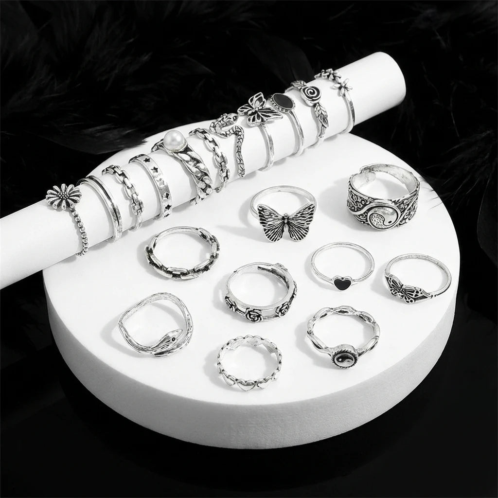 Best Selling 21-Piece Vintage Distressed Ring Set, Dark Style Butterfly & Flower Rings, Edgy Minimalist Accessory Gift mbzr