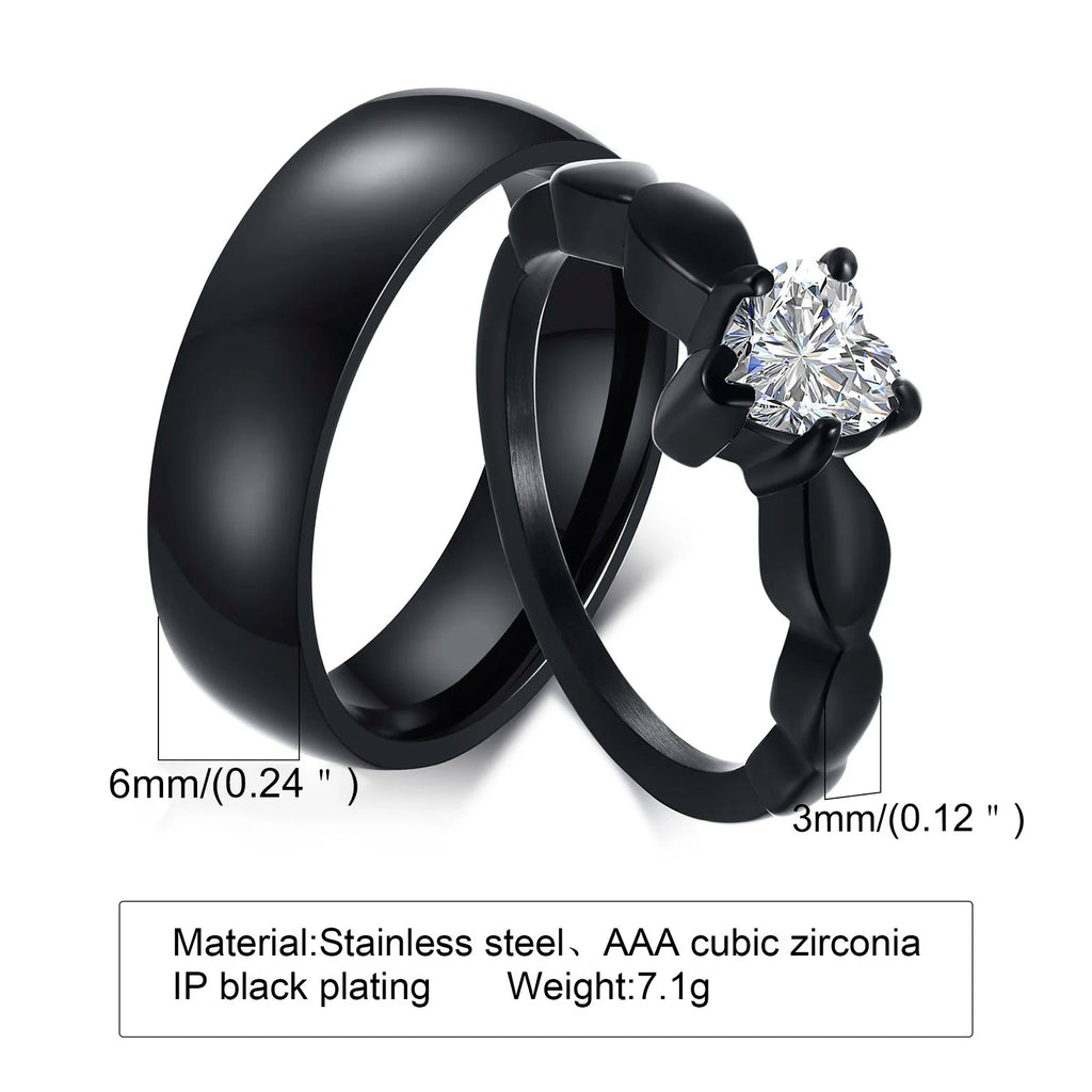Vnox Romantic Heart CZ Stone Couple Wedding Rings for Women Men Black Color Stainless Steel Bands Engagement Jewelry  Love Gift