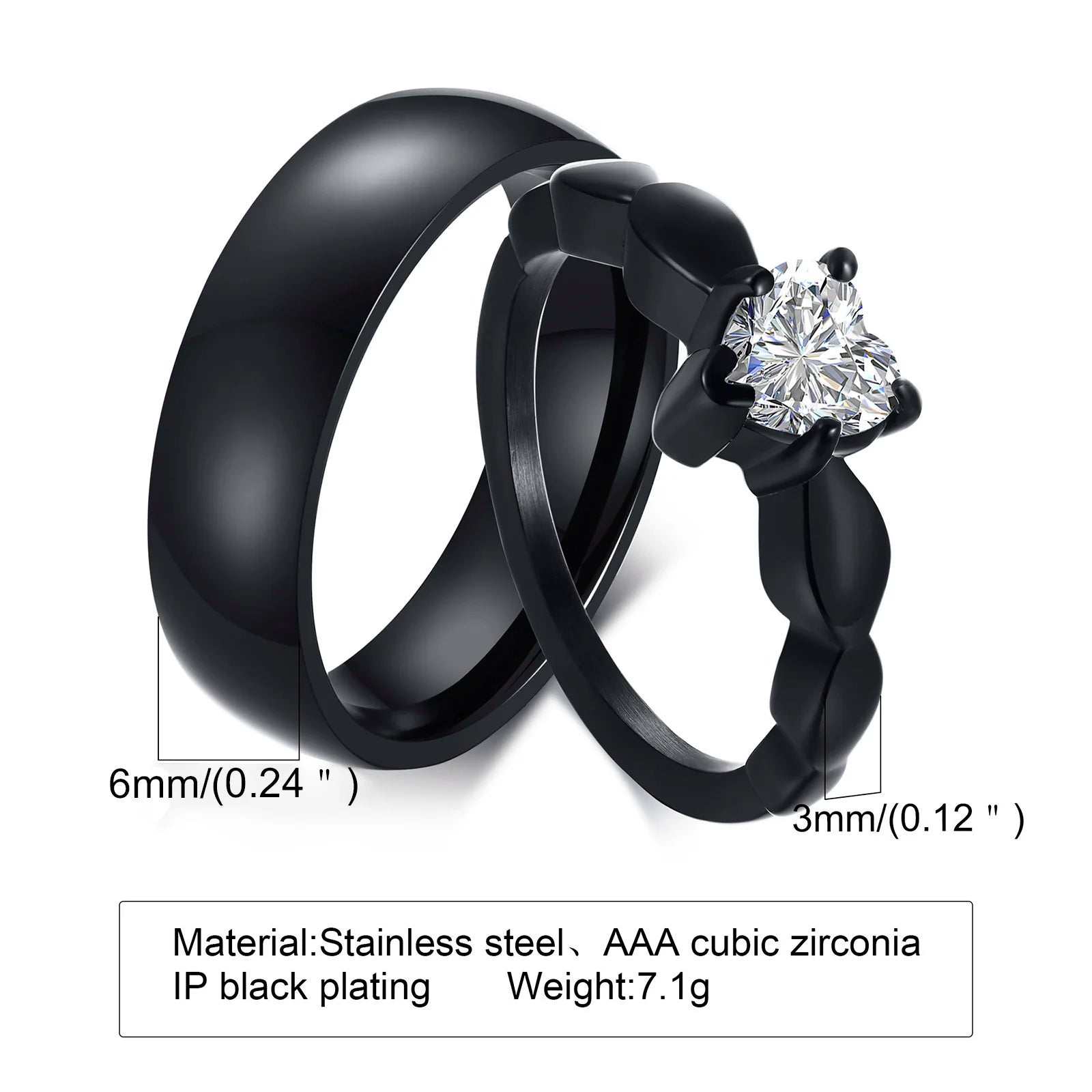 Vnox Romantic Heart CZ Stone Couple Wedding Rings for Women Men Black Color Stainless Steel Bands Engagement Jewelry  Love Gift