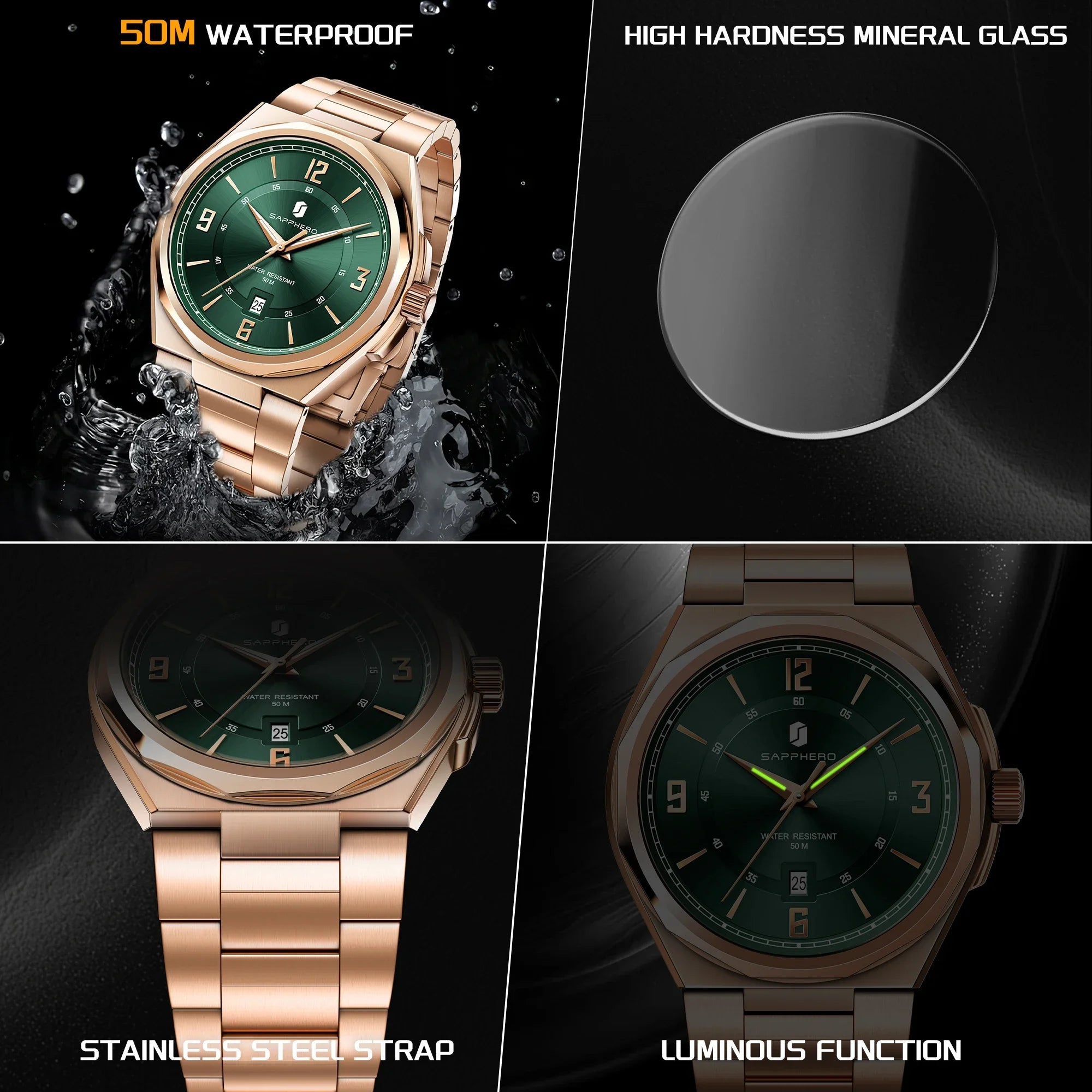 SAPPHERO Men Quartz Watch Luxury Stainless Steel Strap 5ATM Waterproof Hardlex Crystal Business Elegant Dress Wristwatch Gift mbzr