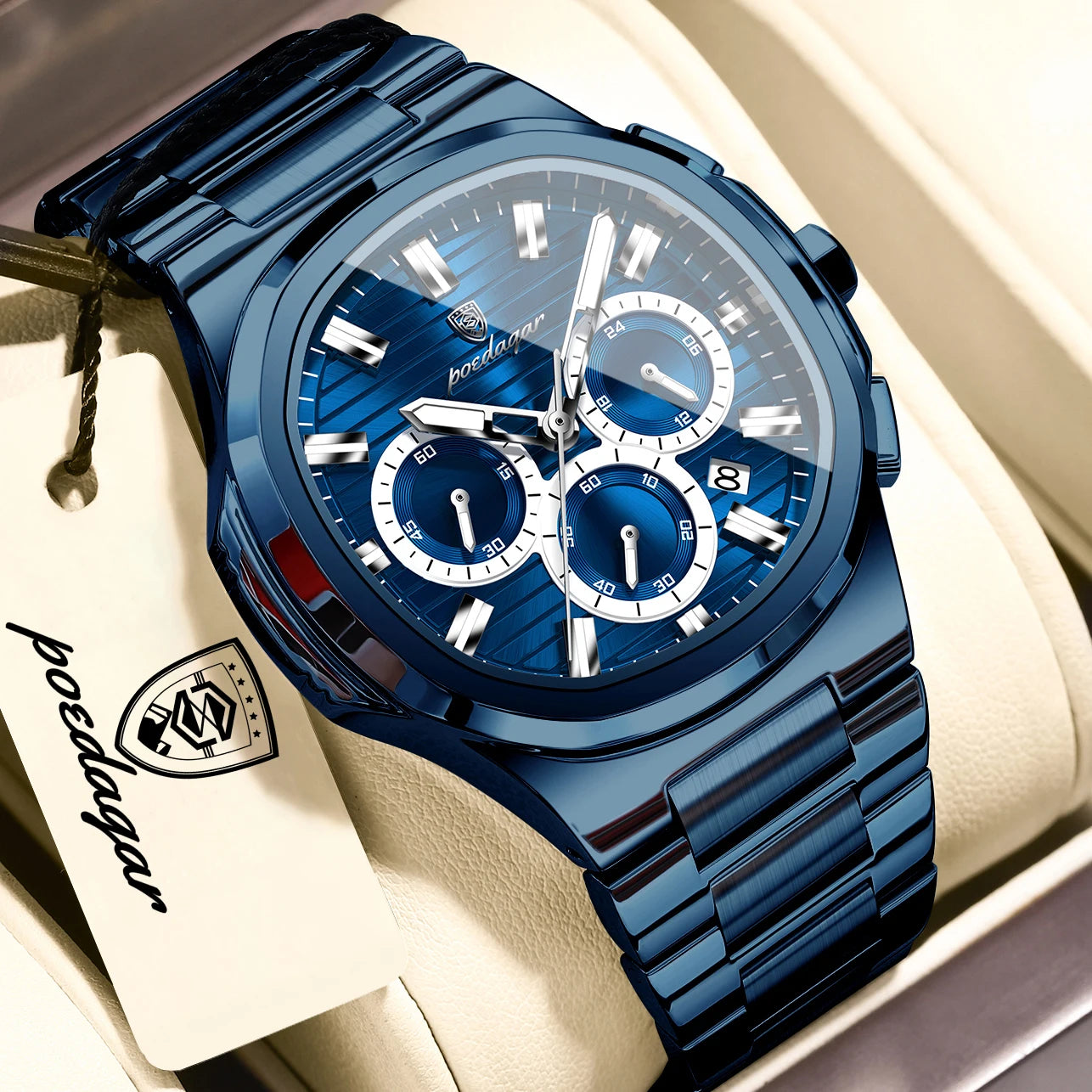 POEDAGAR Business Male Clock Date Chronograph Waterproof Luminous Luxury Men Watch Stainless Steel Quartz Fashion Men's Watches mbzr
