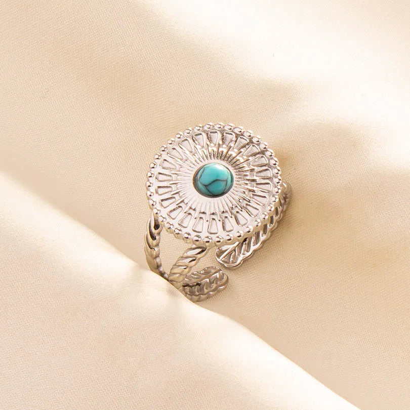1pc Stainless Steel Boho Turquoise Open Finger Rings Trendy Adjustable Women Multi Layers Stackable