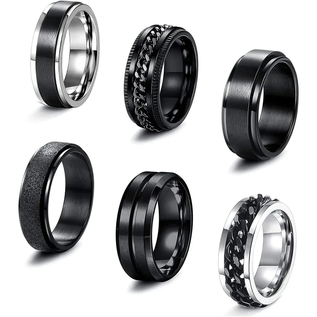 6 Pcs 6/8 MM Black Spinner Rings for Men Women Stainless Steel Fidget Ring Anxiety Stress Relieving Cool Chain Fashion Ring Set Wedding Promise Band Rings Size 7-13