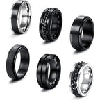 6 Pcs 6/8 MM Black Spinner Rings for Men Women Stainless Steel Fidget Ring Anxiety Stress Relieving Cool Chain Fashion Ring Set Wedding Promise Band Rings Size 7-13