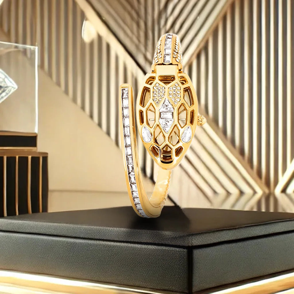 A women's golden snake shaped bracelet with hollowed out design, fashionable and elegant quartz watch, high-end accessory mbzr