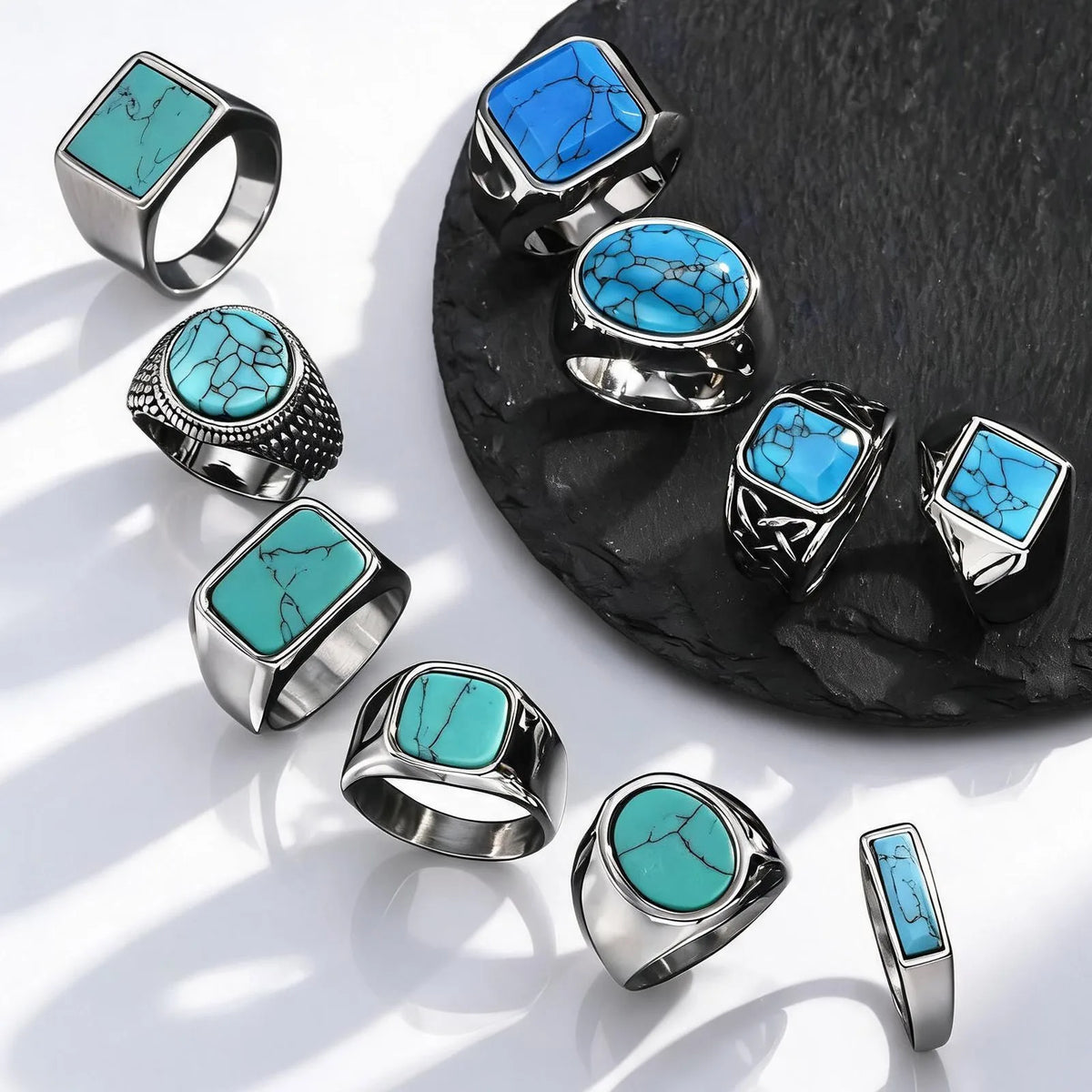 Vintage Stylish Natural Stone Turquoise Ring Waterproof Stainless Steel Signet Ring Vintage