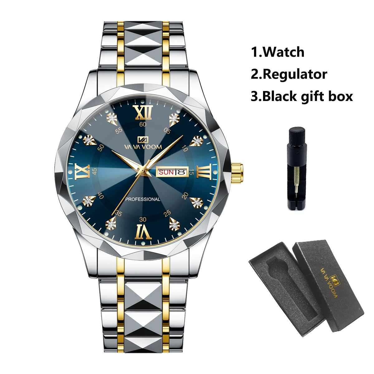 VA VA Voom Top Brand Quartz Men Two-Color Stainless Steel Luxury Rhinestone 41mm Black Dial 3Bar Waterproof Sports Watch for Men