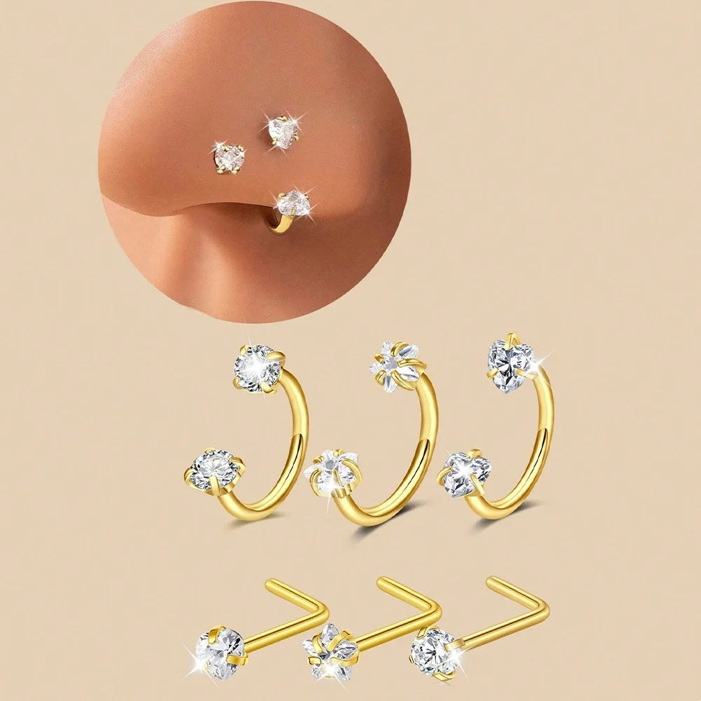 6/2pcs Horseshoe Nose Rings With L-Shape Nose Stud, Stainless Steel Rianbow CZ Nose Ring,, Lip Eyebrow Helix Ear Piercing mbzr
