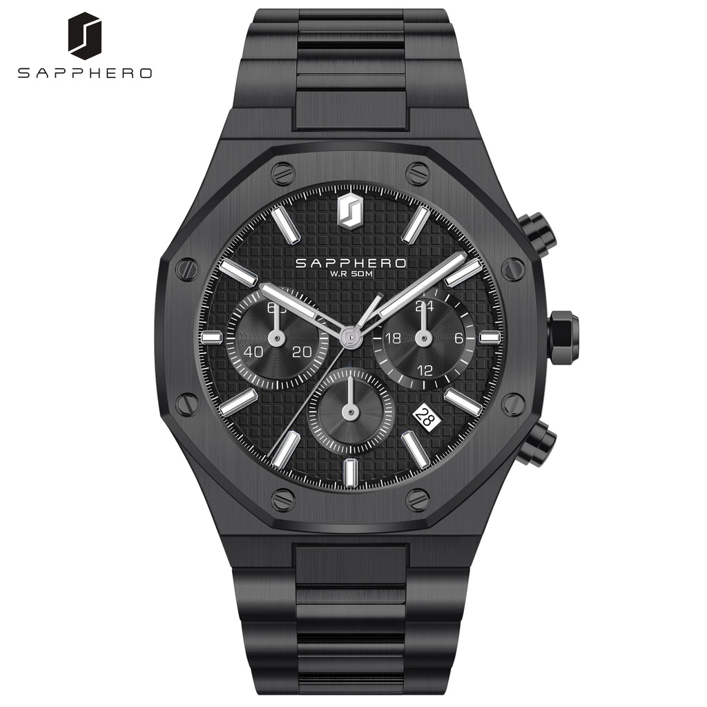 SAPPHERO Men’s Chronograph Quartz Watch 50M Waterproof Stainless Steel Sport Business Luxury Wristwatch Blue Dial