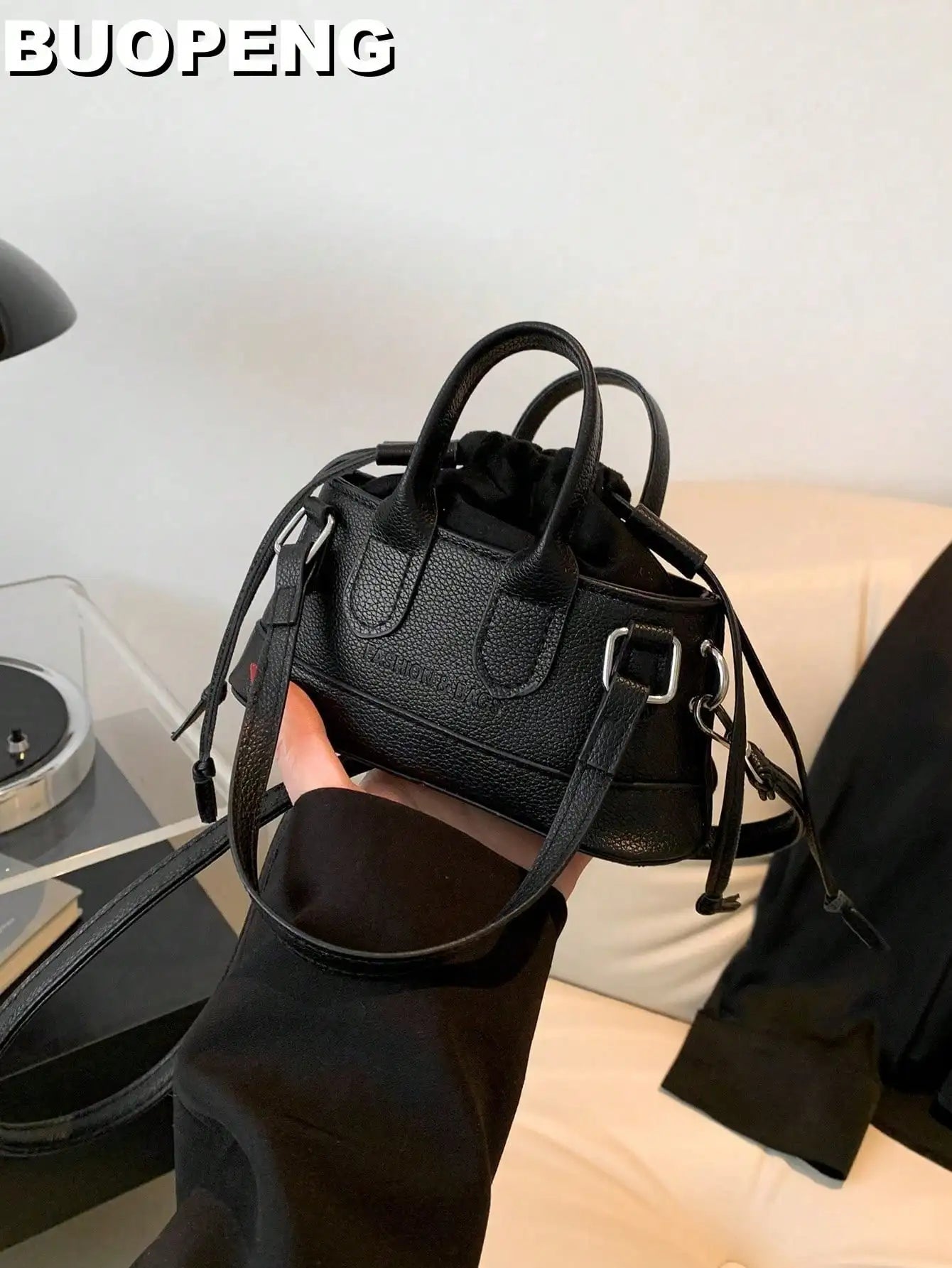 Mini Silver Croc-Embossed Top Handle Bag with Drawstring Closure