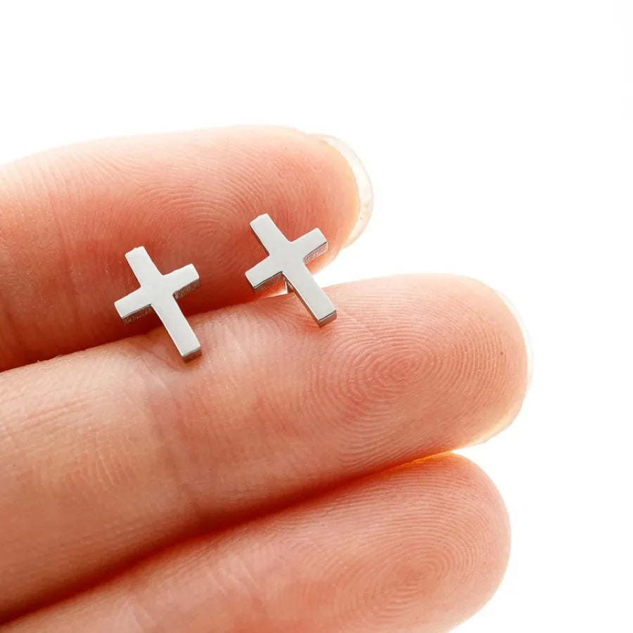Golden Stainless Steel Small Cross Christianity Amulet Earrings For Women Hypoallergenic Stud Earrings For Girls Daily Wear