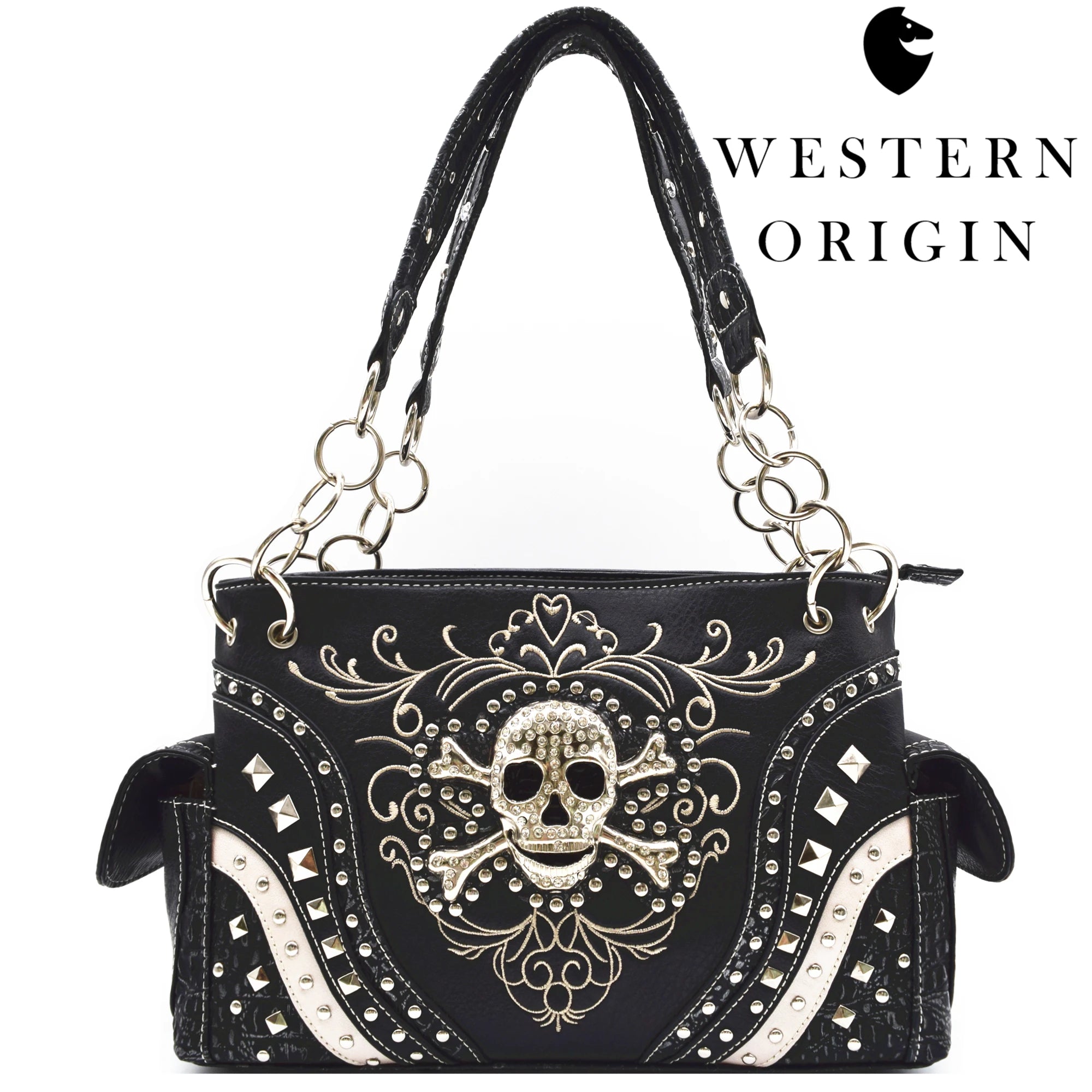 Punk Gothic Rock Metallic Skull Day of the Dead Floral Sugar Skull Leather Purse Women Handbag Shoulder Bag Wallet Set