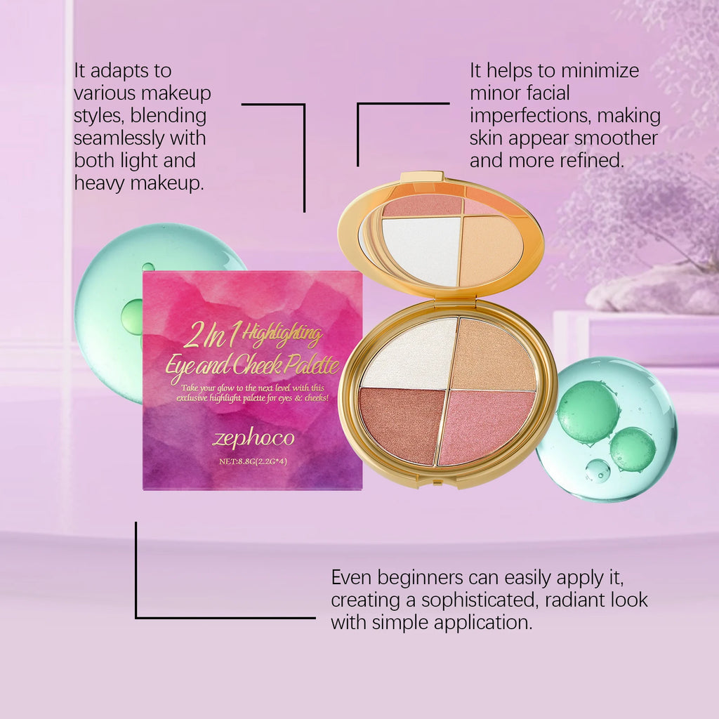 Zephoco 2In1 Highlighting Eye & Cheek Palette 4 Colors Shimmery Glow Makeup Palette For Face Eyes Daily Party Makeup mbzr