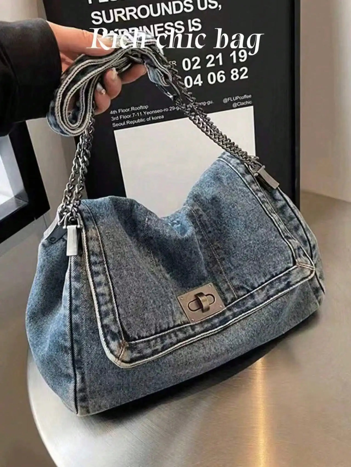 Classic Solid Retro Washed Denim Shoulder Bag, Quilted Stitch, Metal Chain, Large Capacity For Shopping & Daily Outings.Y2k