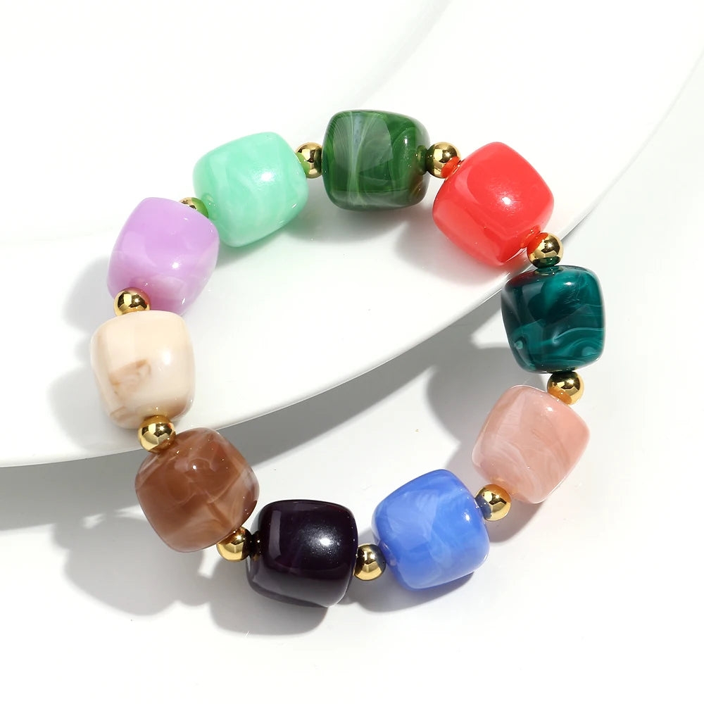 Exaggerated Geometric Beaded Acrylic Elastic Bracelets for Women Men Boho Trendy Square Beads Stack Bangle Retro Jewelry Gift mbzr
