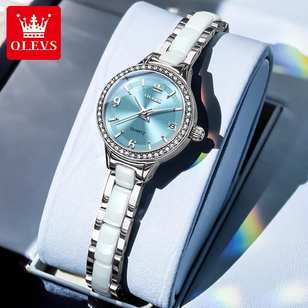 OLEVS Luxury Quartz Watch Women Elegant Ceramics Strap Waterproof Auto Date Luxury Lap Ladies Watches 7093 mbzr