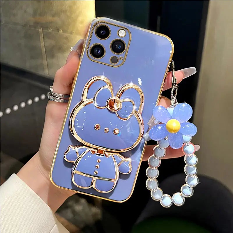 Mirror Rabbit Flower Strap Case For iPhone 14 13 12 11 Pro Max 13Pro 12Pro X XR Xs Max 6 7 8 Plus Stand Cover