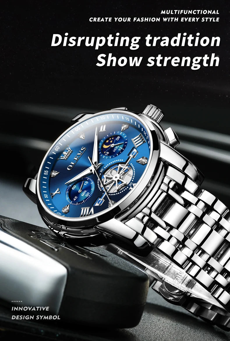 Quartz Watch Flywheel Skeleton Chronograph Moon Phase Multifunctional OLEVS 2856 mbzr
