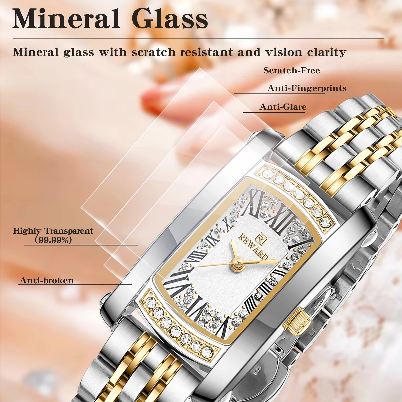 REWARD Luxury Woman Wristwatch Waterproof Luminous Date Diamond Dial Rectangle Watch For Ladies Quartz Women Watches mbzr