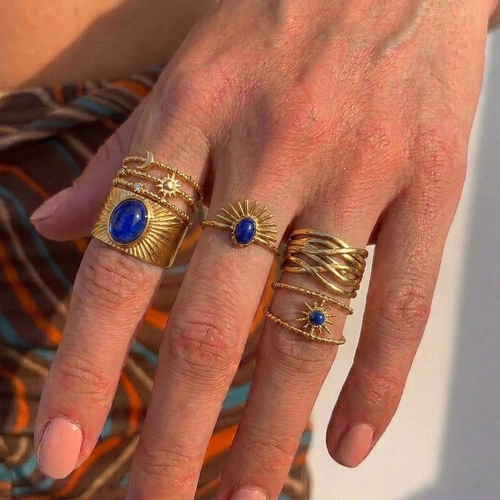 Stainless Steel Vintage Style Sun Eye Sapphire Open Ring French Hollow Star Moon Stacking Finger Rings