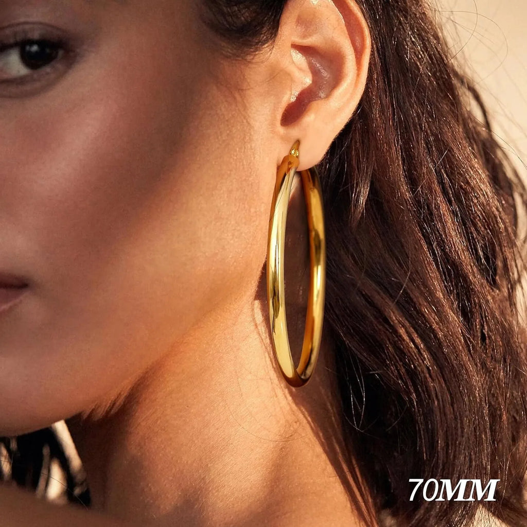 14K Chunky Gold Plated Hoop Earrings for Women 925 Sterling Silver Post Hollow Tube Hoops Earrings 4mm Thick Hoop Earrings Hypoallergenic Lightweight Gold Big Large Hoop Earrings 25/30/40/50/60/70MM