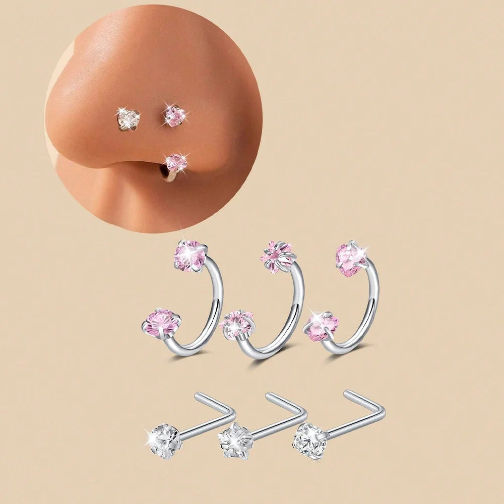 6/2pcs Horseshoe Nose Rings With L-Shape Nose Stud, Stainless Steel Rianbow CZ Nose Ring,, Lip Eyebrow Helix Ear Piercing mbzr