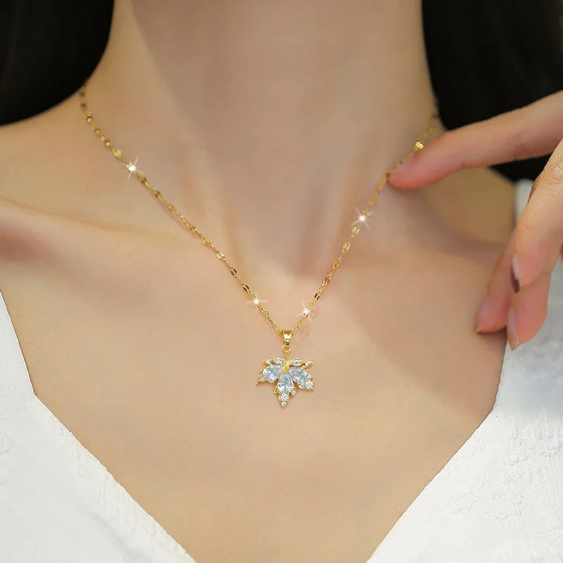 3pcs Micro Paved Maple Leaf Full Rhinestone Jewelry Set, Luxury Elegant Unique Earrings Necklace Combo for Women Wedding Party Banquet