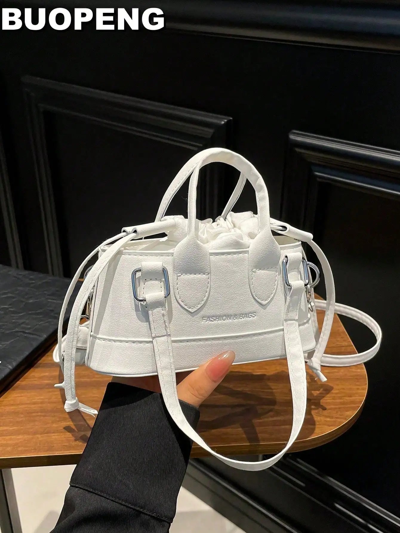 Mini Silver Croc-Embossed Top Handle Bag with Drawstring Closure