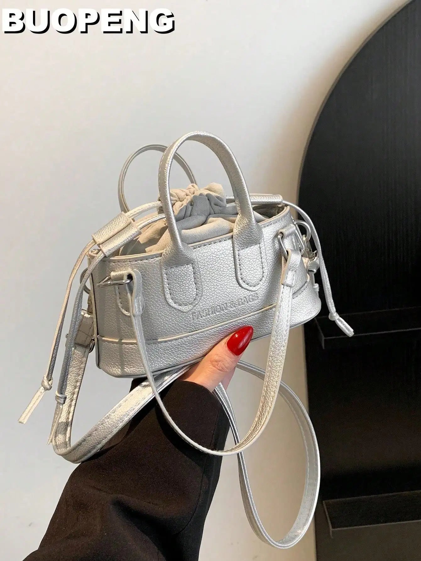 Mini Silver Croc-Embossed Top Handle Bag with Drawstring Closure