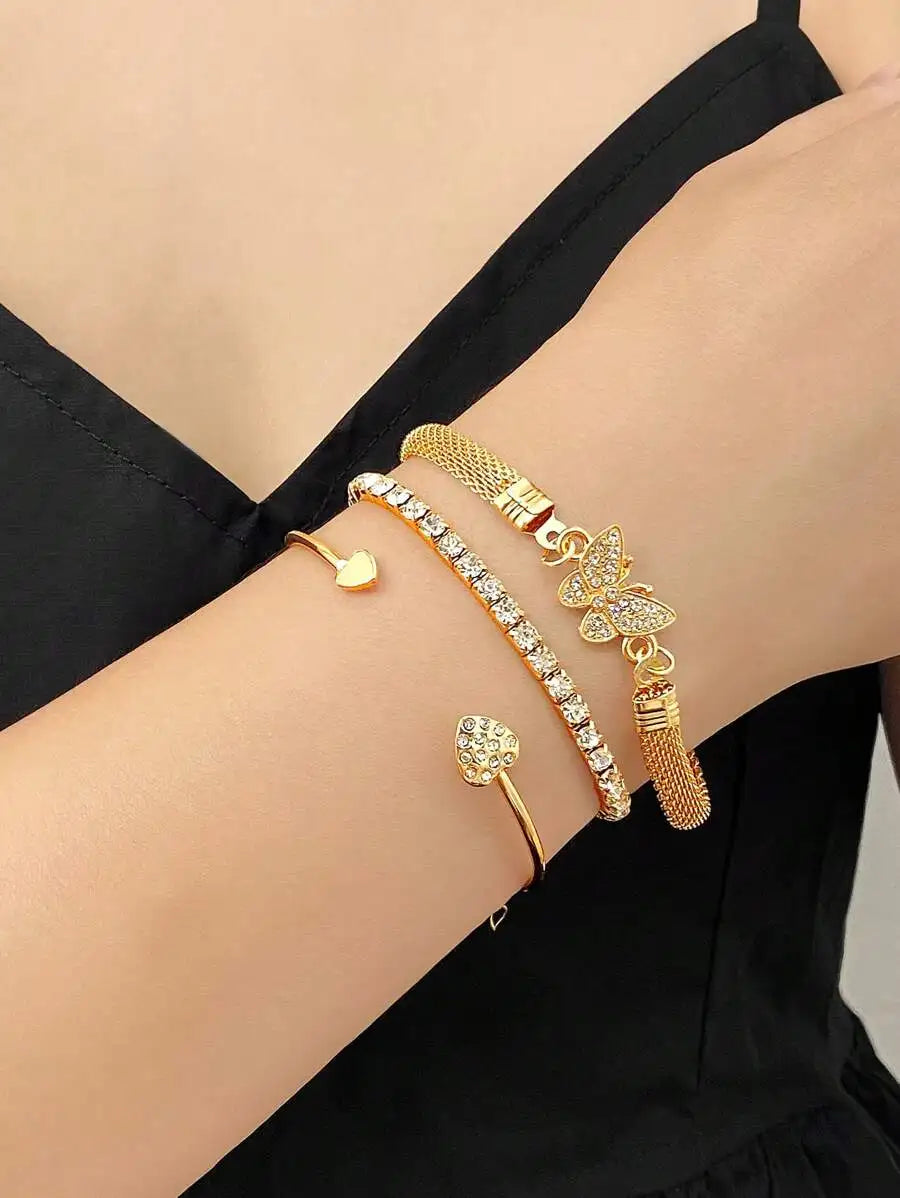 3pcs/Set Luxury Fashion Minimalist Personalized Rhinestone Butterfly & Heart Layered Bangle Bracelet, High-End Accessory Set For