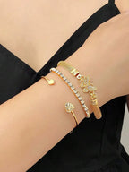 3pcs/Set Luxury Fashion Minimalist Personalized Rhinestone Butterfly & Heart Layered Bangle Bracelet, High-End Accessory Set For