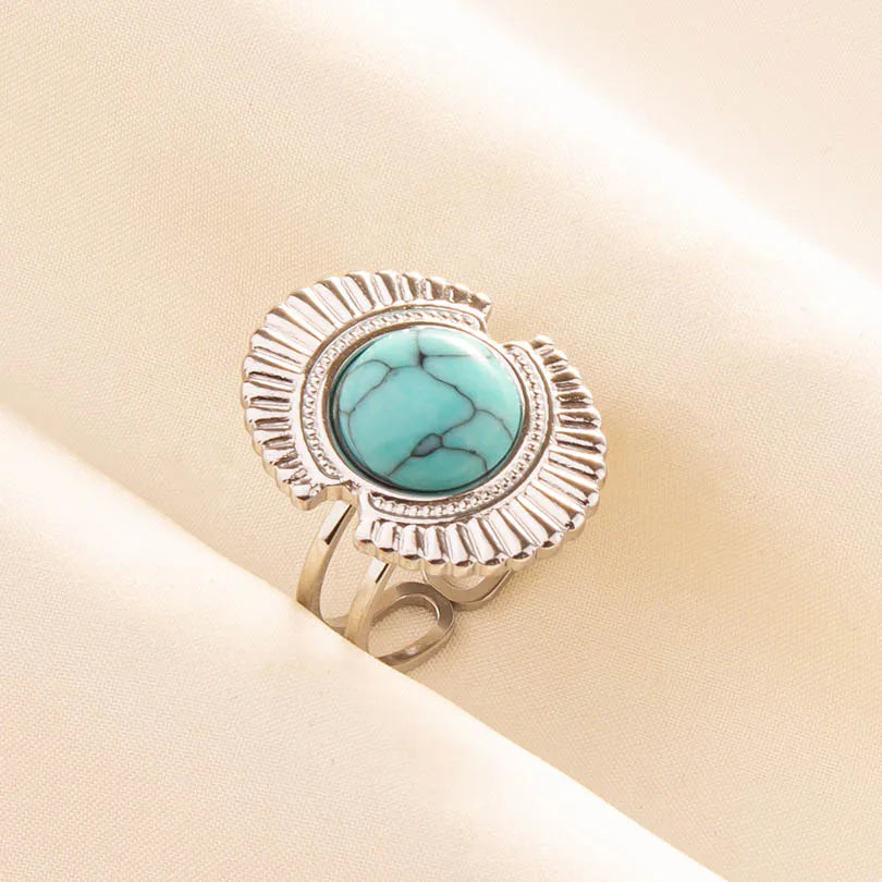 1pc Stainless Steel Boho Turquoise Open Finger Rings Trendy Adjustable Women Multi Layers Stackable