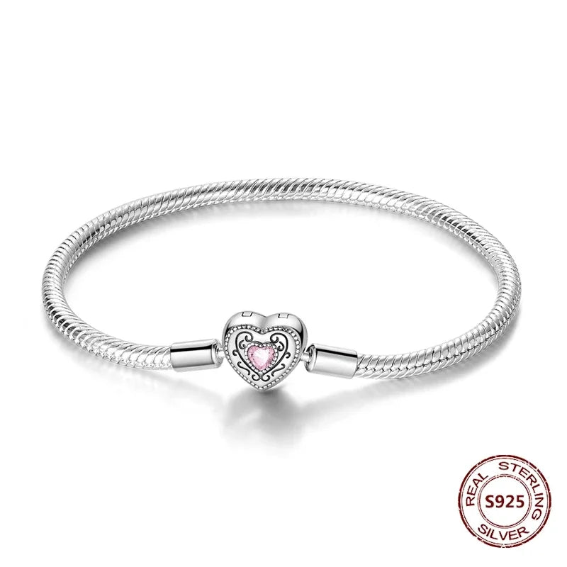 Silver 925 Bracelet Original Bracelets Colorful Zircon Heart Flower Cat Snake Chain For DIY Charms 17-20CM Luxury Jewelry Gifts mbzr