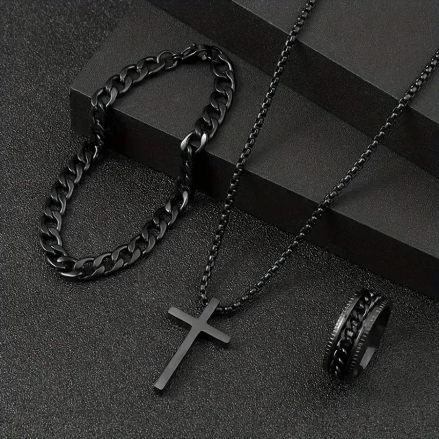 3pcs Fashion Alloy Men's Cross Pendant Necklace, Bracelet and Ring Combo Jewelry Set