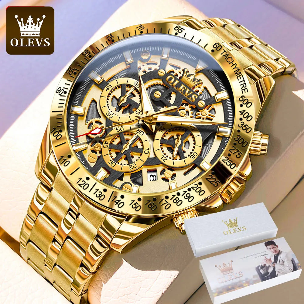 OLEVS Lxuxry Brand Gold Men's Watches Full Skeleton Stainless steel Chronograph Wristwatch Waterproof Luminous Quartz Watch Men mbzr