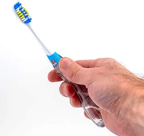 Folding travel toothbrush for adults with soft bristles and built-in tongue scraper set of two mbzr
