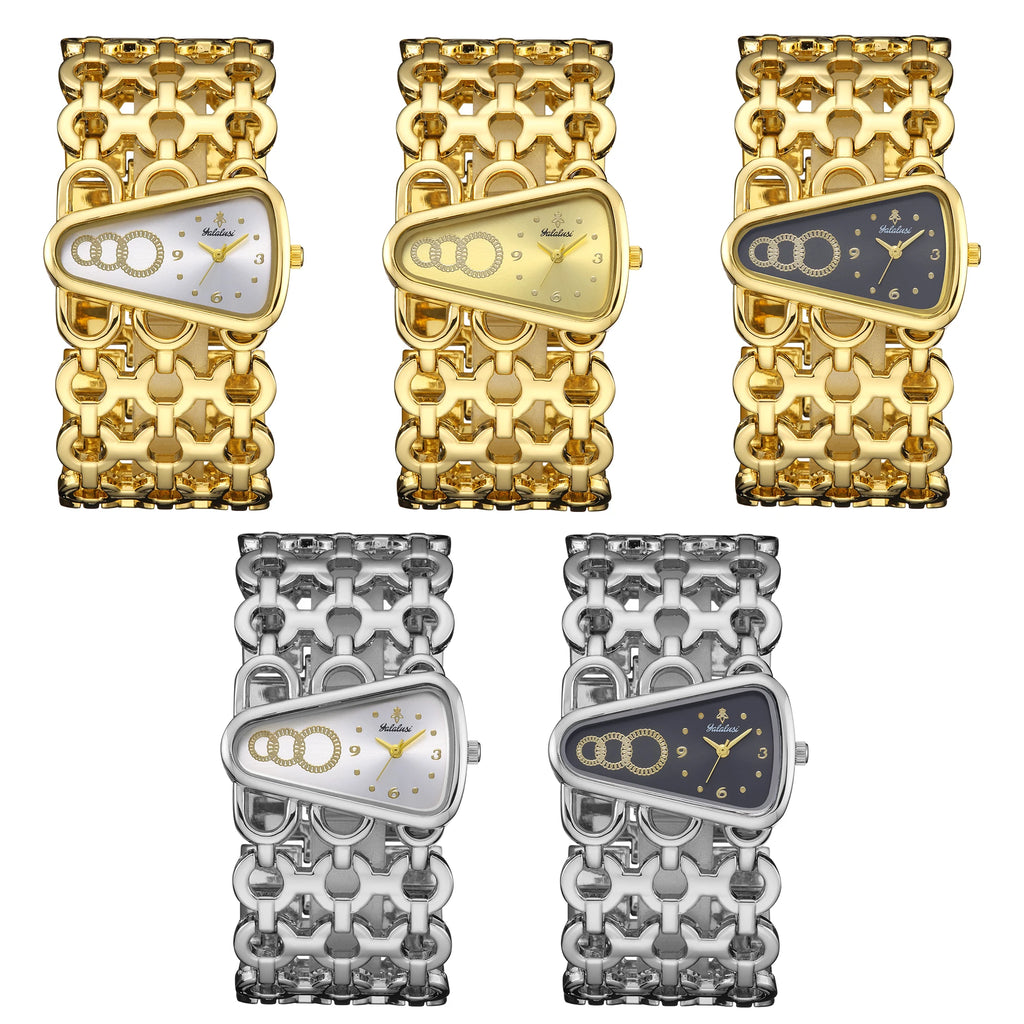 YaLaLuSi Irregular Trapezoid Gold Dial Women Watch Hollow Wide Interlocking Link Bracelet Unique Luxury Waterproof Ladies Quartz Dress Wristwatch For Party Dating Wedding