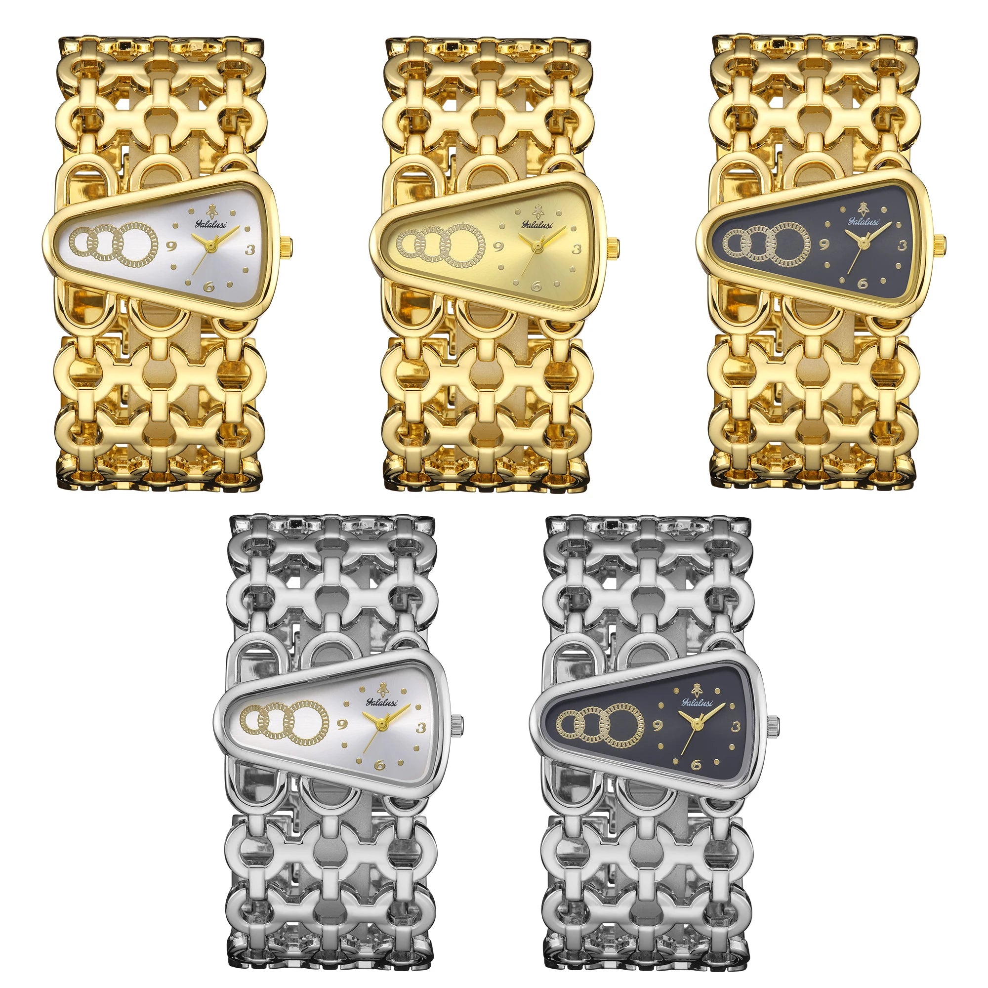 YaLaLuSi Irregular Trapezoid Gold Dial Women Watch Hollow Wide Interlocking Link Bracelet Unique Luxury Waterproof Ladies Quartz Dress Wristwatch For Party Dating Wedding