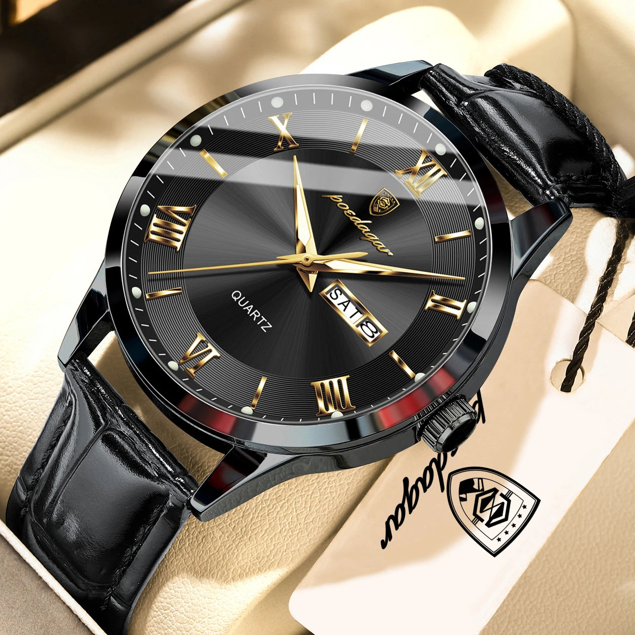 POEDAGAR Original Fashion Men's Watches Leather Date Week High Quality Quartz Men Wristwatch Waterproof Luminous Business Watches For Man Male Reloj