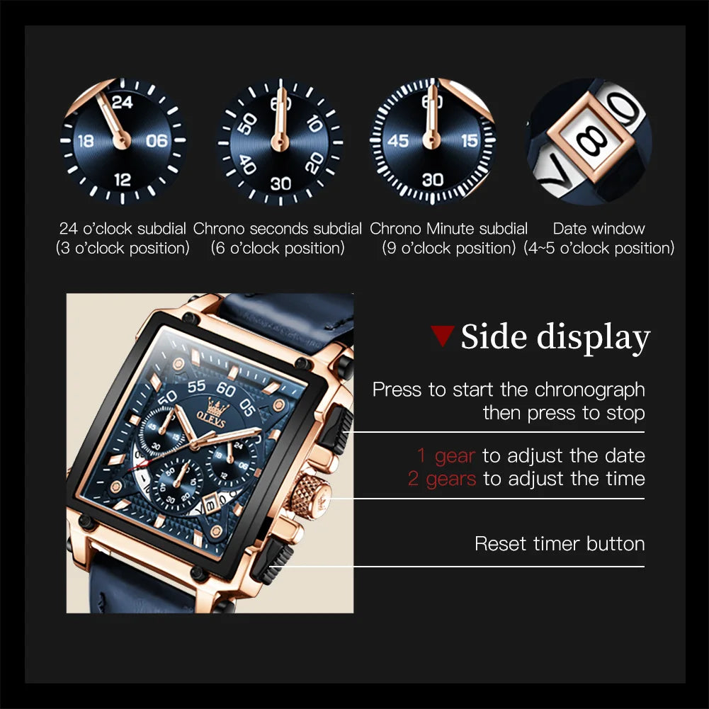 OLEVS 9919 Chronograph Multifunctional Quartz Men's Watch Leather strap 45MM Square Big Dial Leisure Sports TOP Brand Male Watch mbzr