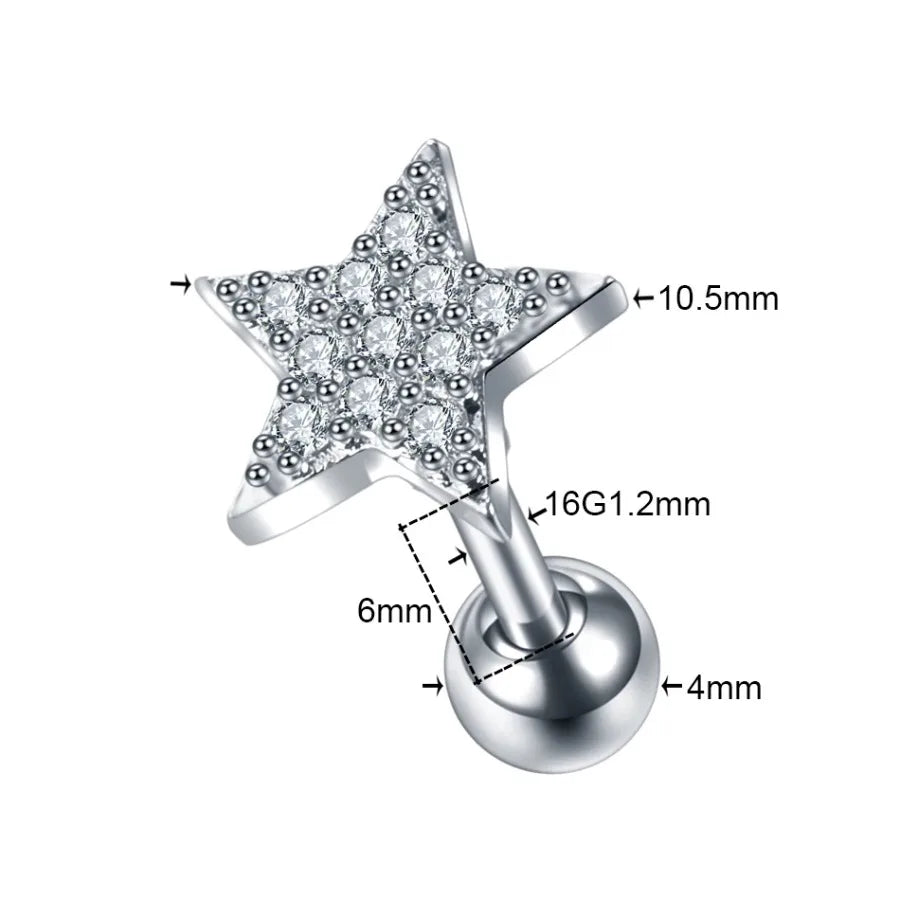 Cubic Zirconia Star Cartilage Stud Earring Stainless Steel 16G