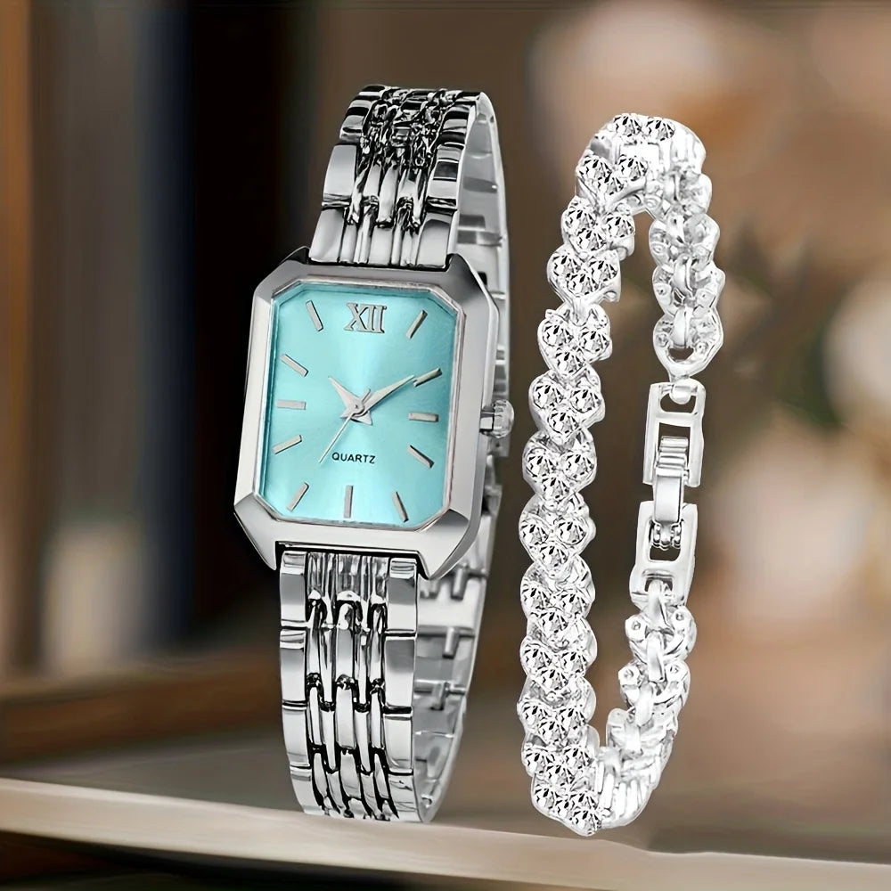 2PCS Fashion Rectangle Women Quartz Watch Rhinestone Bracelet Set Ladies Roma Dial Wristwatch Reloj Mujer Girls Clock Gift mbzr