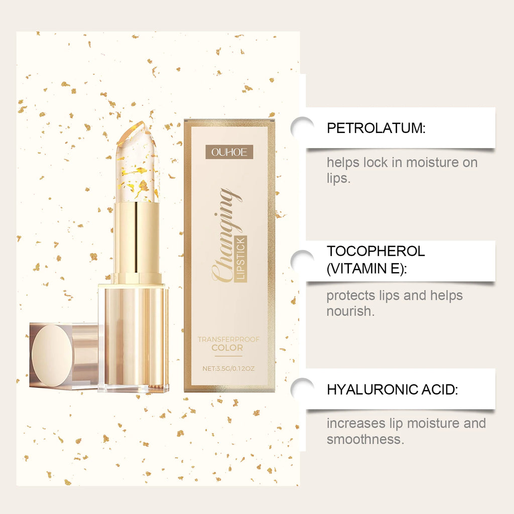 24K Gold Foil Vitamin E Lip Balm Crystal Jelly Lipstick,Moisturizing Lip Care for Dry Lips,Long-Lasting Hydrating Tint mbzr