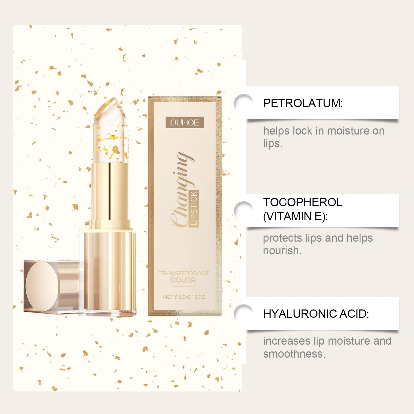 24K Gold Foil Vitamin E Lip Balm Crystal Jelly Lipstick,Moisturizing Lip Care for Dry Lips,Long-Lasting Hydrating Tint mbzr