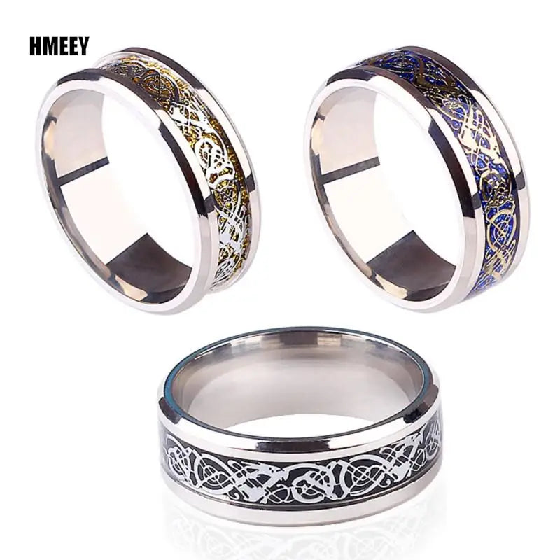 Fashion Men Gold Color Stainless Steel Celtic Dragon Ring Inlay Black Carbon Fiber Ring