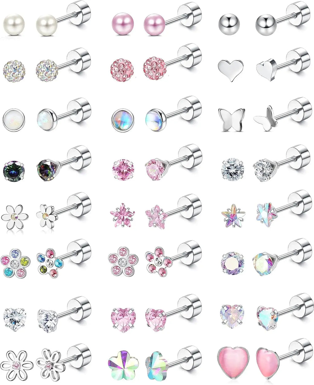 24Pairs Stainless Steel Stud Earrings for Women CZ Screw Back 4mm Tiny Flat Back Studs Cute Dainty Jewelry Gift Set 16G 18G