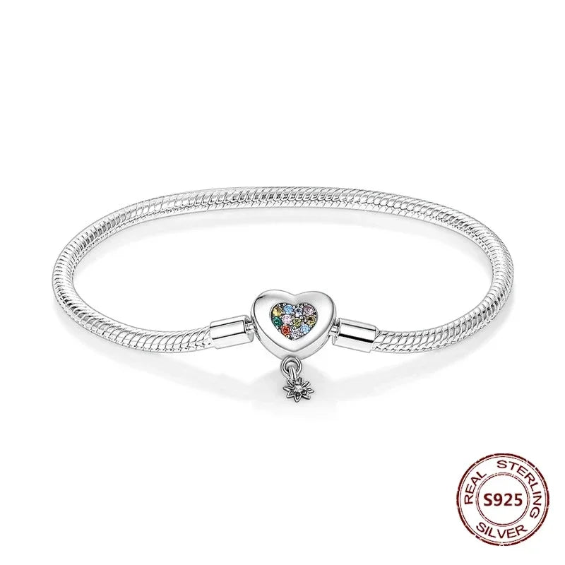 Silver 925 Bracelet Original Bracelets Colorful Zircon Heart Flower Cat Snake Chain For DIY Charms 17-20CM Luxury Jewelry Gifts mbzr