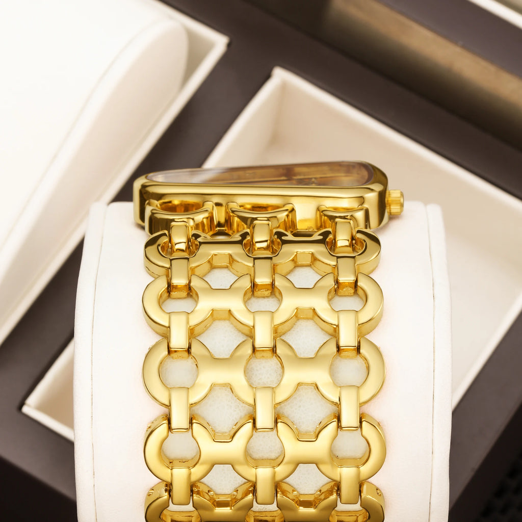 YaLaLuSi Irregular Trapezoid Gold Dial Women Watch Hollow Wide Interlocking Link Bracelet Unique Luxury Waterproof Ladies Quartz Dress Wristwatch For Party Dating Wedding