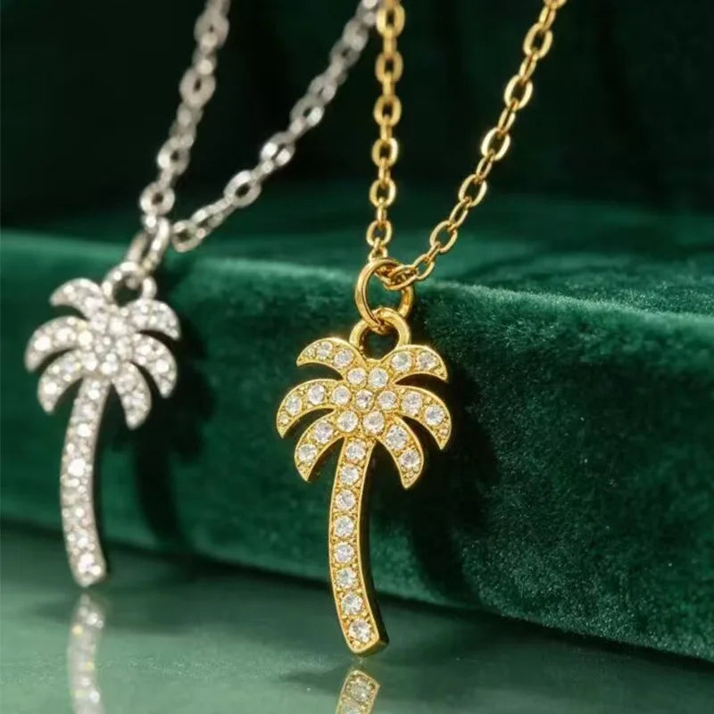 1Pc resort style 18K gold coconut tree inlaid with zircon palm tree necklace pendant, summer atmosphere versatile titanium steel collarbone chain, unisex